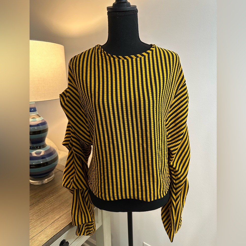 Love J Striped Black/Mustard Asymmetric Top - Size S